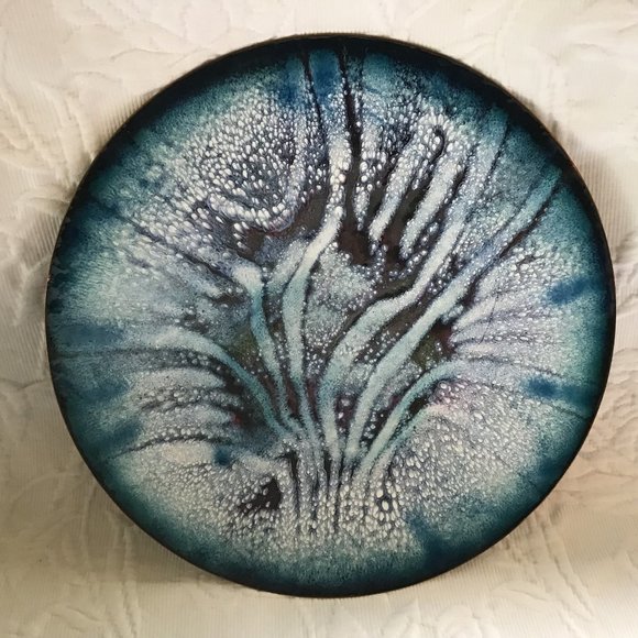 Large Copper Enamel Art Wall Plate or Display Plate on Table - Picture 2 of 5